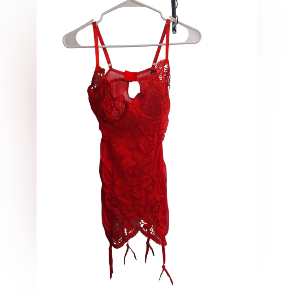 Dream Girl Sexy Red Lace Teddy With Attached Garters Size Small